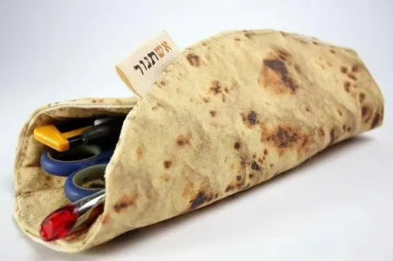 Novelty fabric pencil holder shaped like a burrito roll, 22cm square, in shown colour