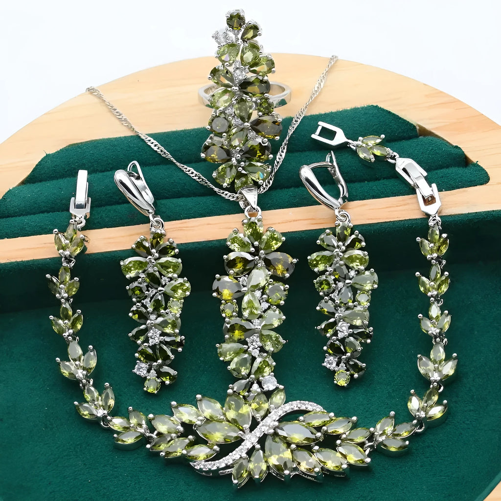 Retro copper zircon jewellery set with floral pattern showing necklace, bracelet, ring, and earrings in olive purple colours