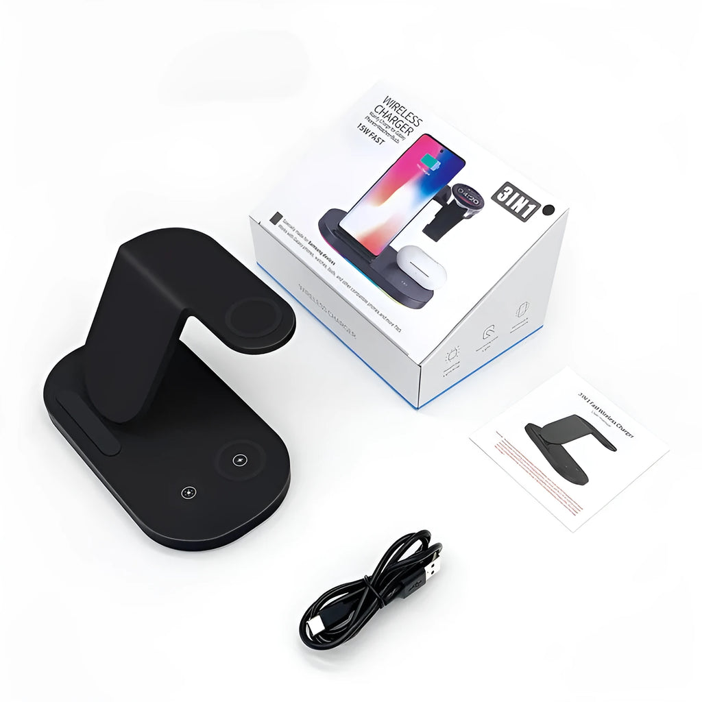 Three-in-one wireless charging station in black or white charging phone watch headphones