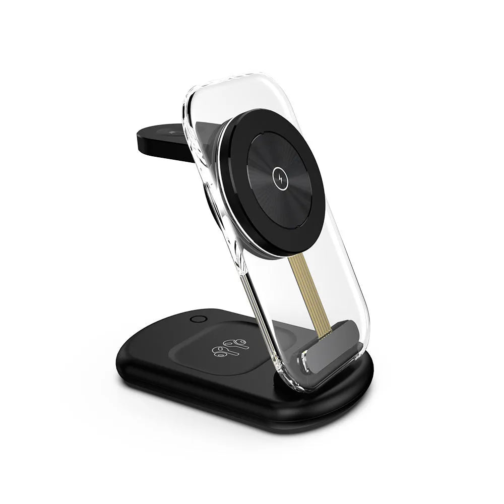 Transparent folding magnetic three-in-one wireless charger in black on a table