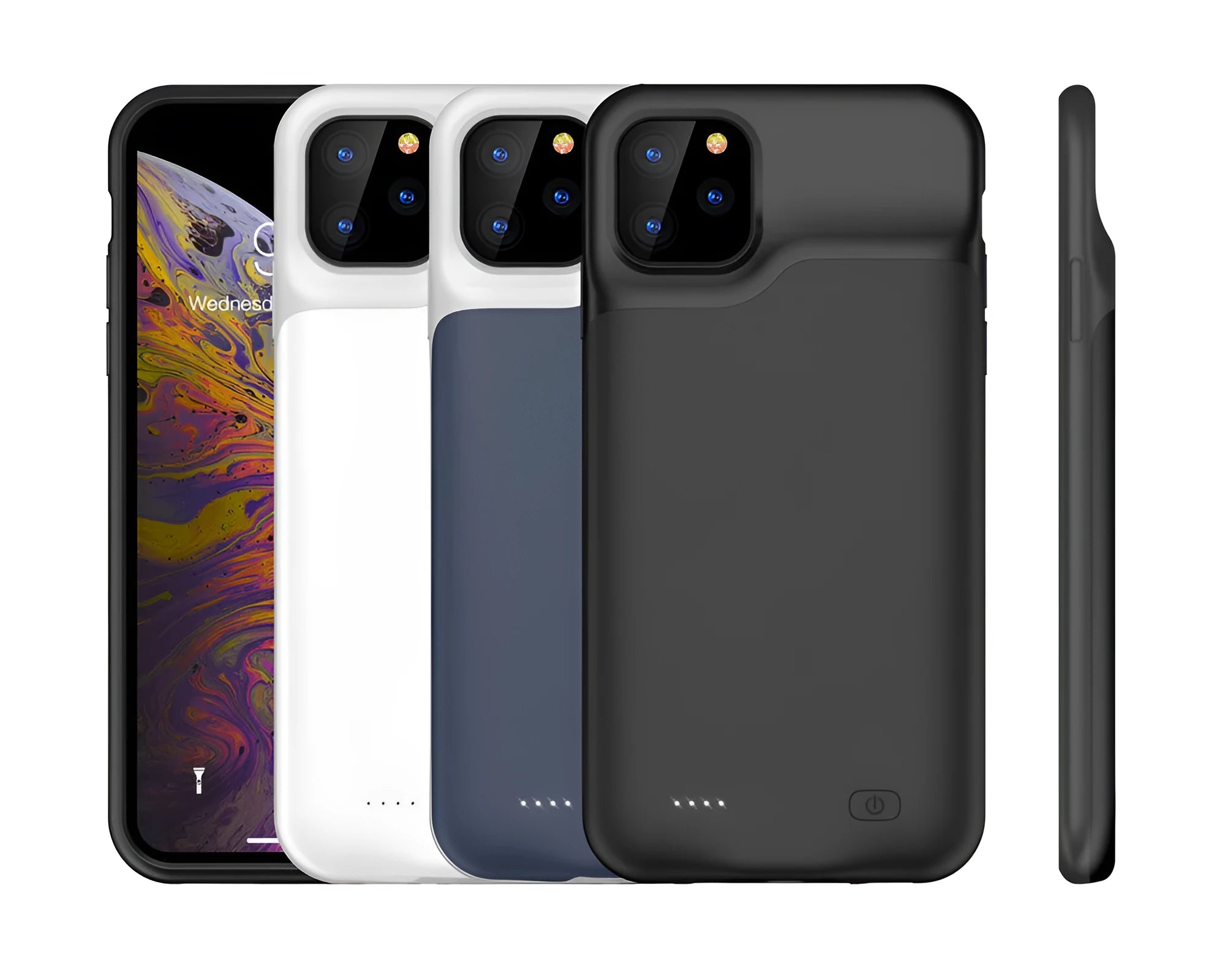 Shockproof silicone iPhone battery charger case in various colours showing extended battery capacity