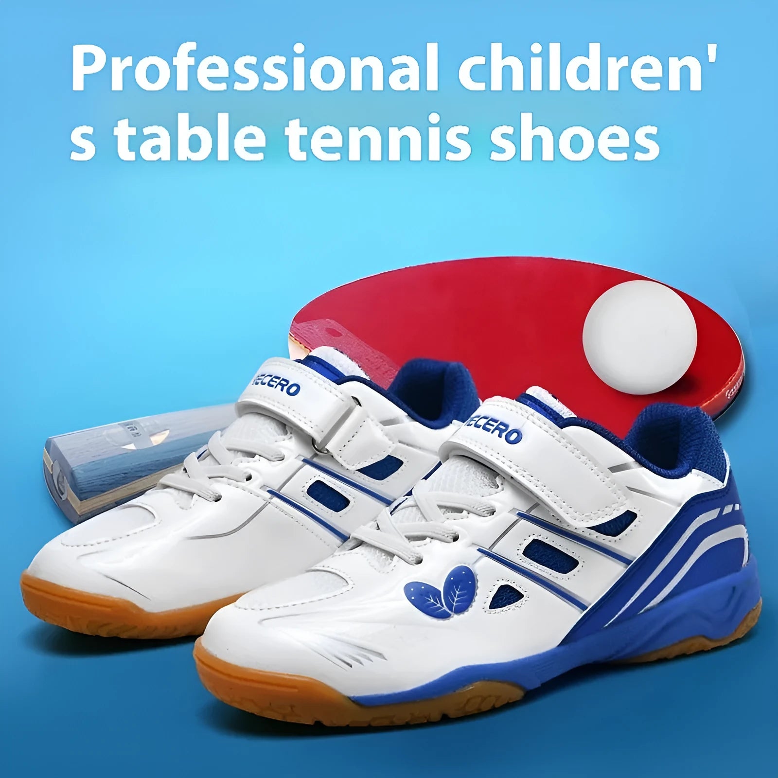 White and blue lightweight badminton shoes with a ribbed non-slip sole, shown on a court surface.
