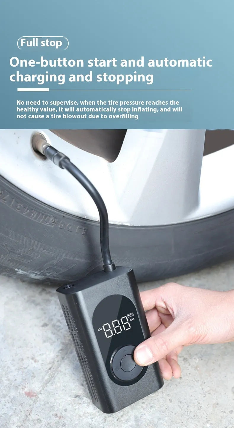 Portable handheld tyre inflator pump with digital display, USB cable, power bank, and built-in torch