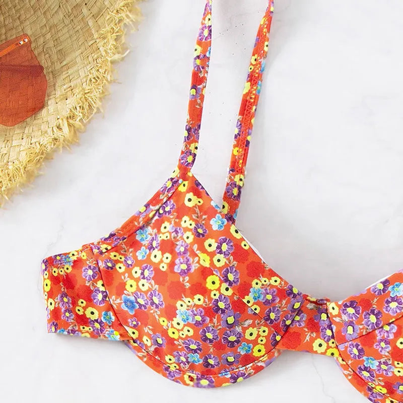 Red floral high waist one-piece swimsuit with split design for women