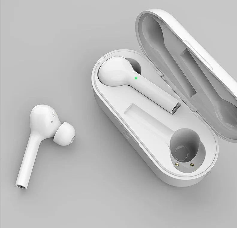 Black or white wireless in-ear headphones with charging case showing touch controls and Bluetooth 5.0 connectivity