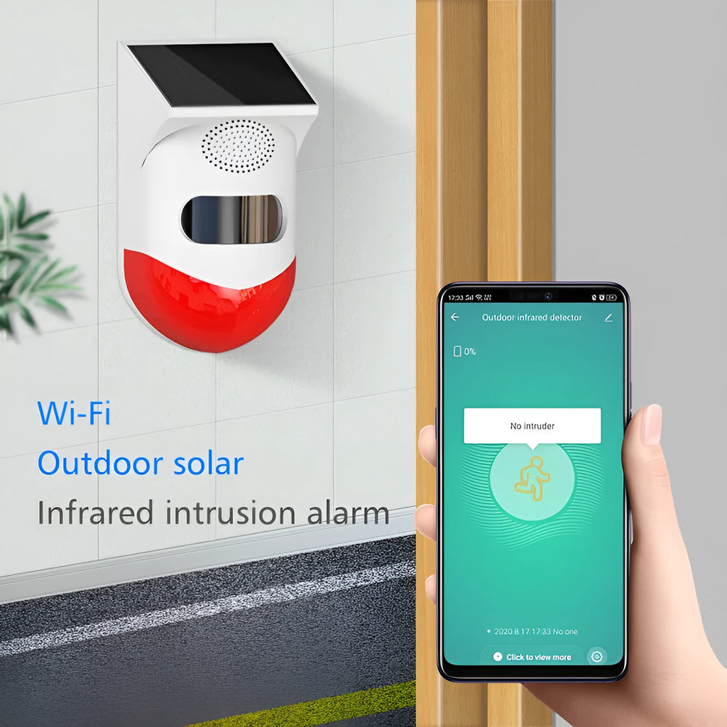 Solar-powered wireless security alarm with infrared sensor for outdoor property protection