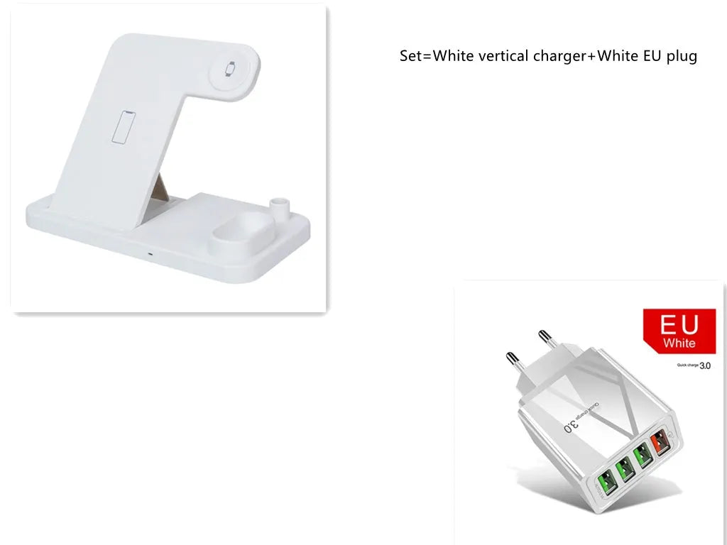 Black 4-in-1 wireless charger with magnetic phone stand charging an iPhone, Apple Watch, and AirPods.