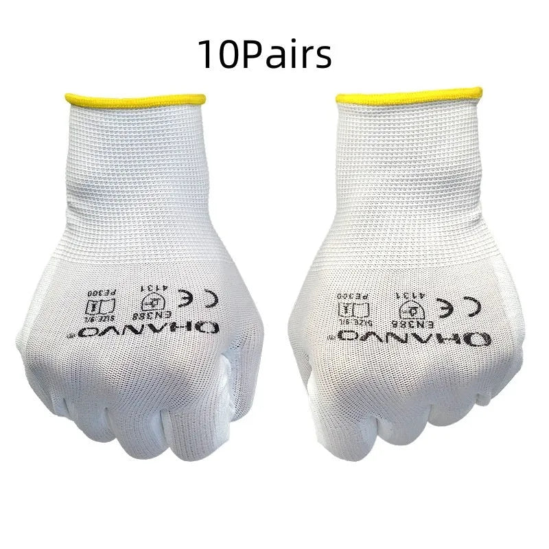 White PU-coated labour gloves with extended 24cm length for forearm protection