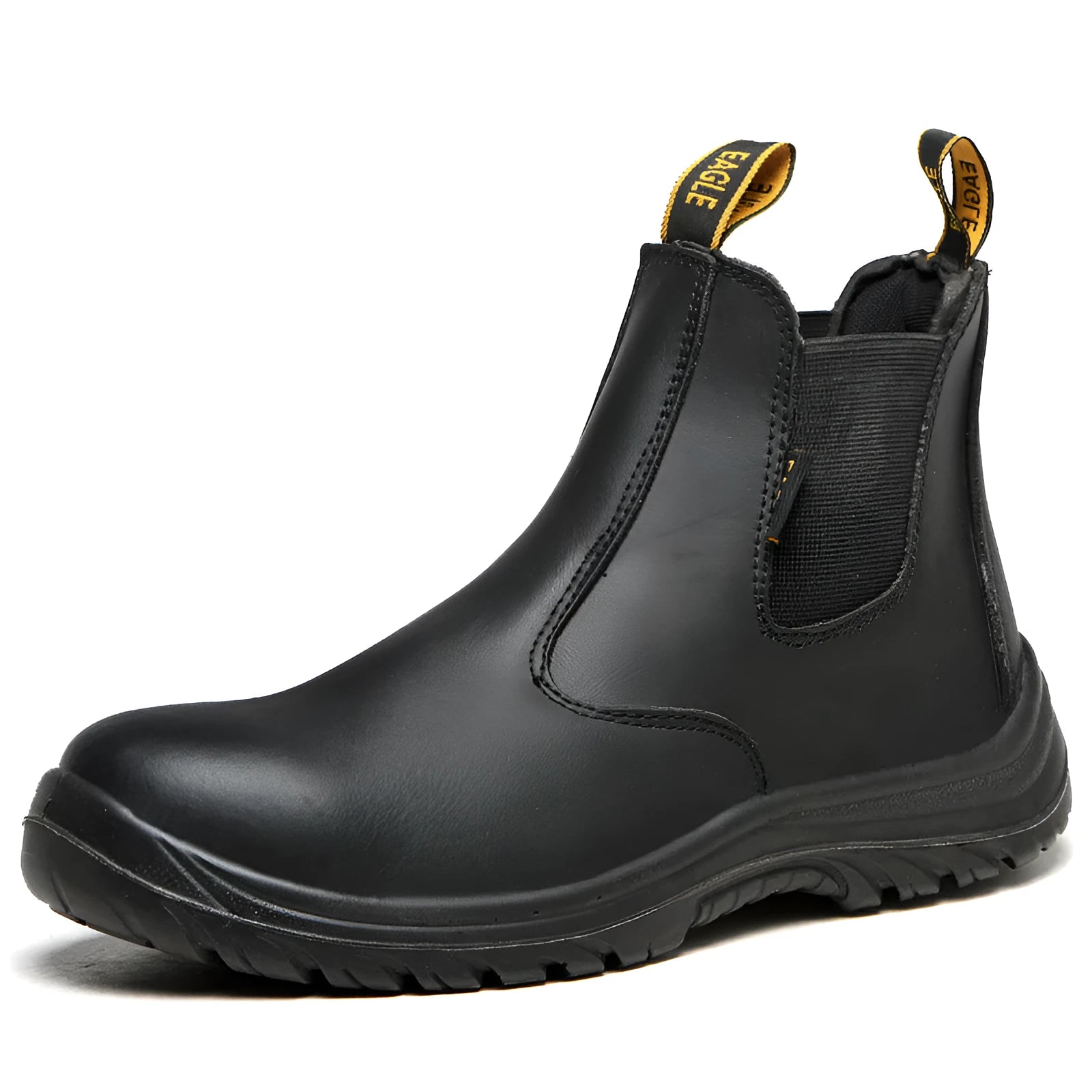 Black leather high-top safety work shoes with anti-piercing protection feature