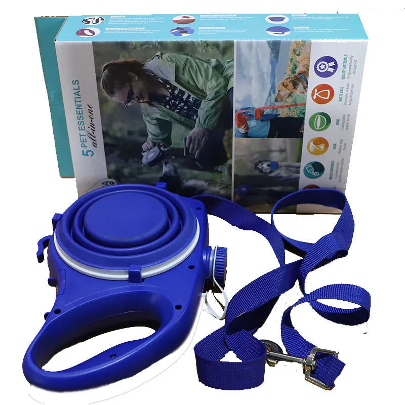 Dog leash set with water bottle and cup in plastic construction, 23cm long, available in red black blue