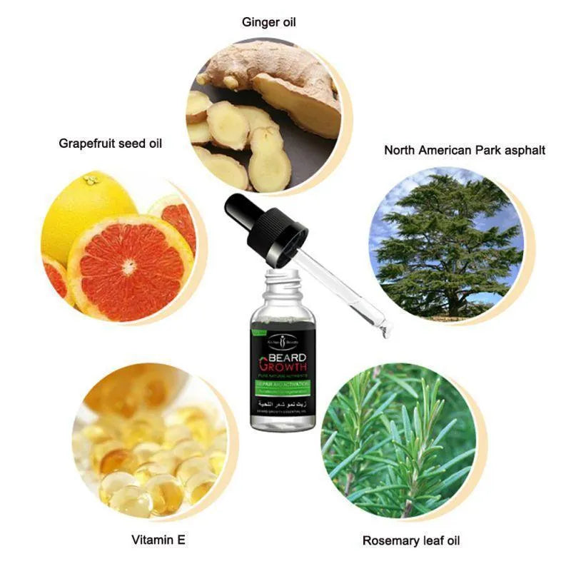 Natural beard growth essential oil bottle for men, moisturising conditioner and softener, all skin types