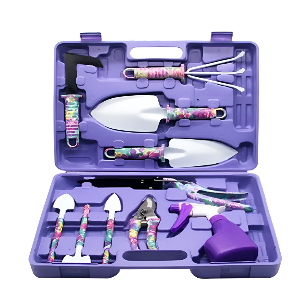 Ten-piece purple gardening tool set with sandblasted anti-rust coating and plastic handles in a box