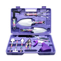 Ten-piece purple gardening tool set with sandblasted anti-rust coating and plastic handles in a box