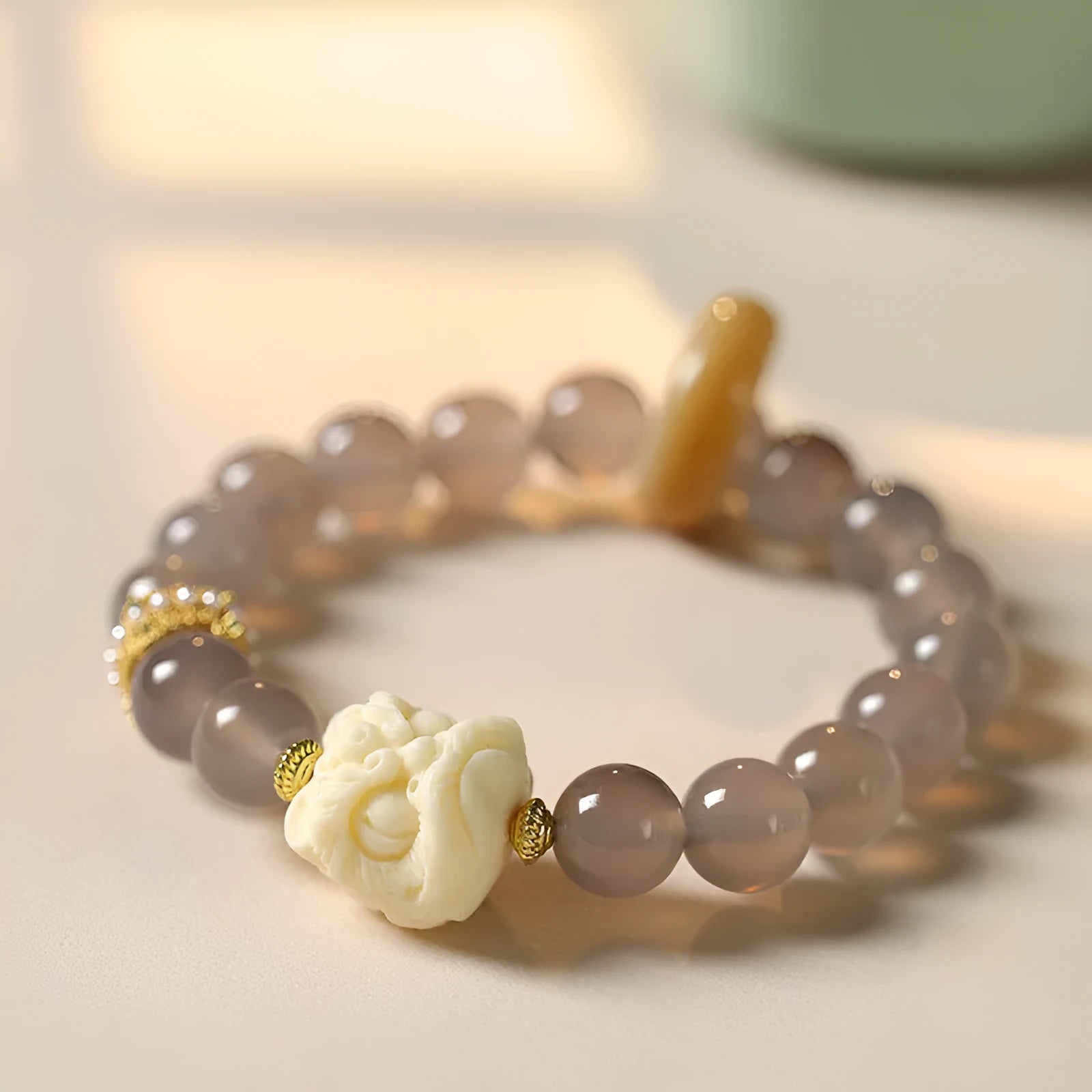 Guochao traditional Chinese bracelet with grey agate 10mm round beads in hand-woven construction