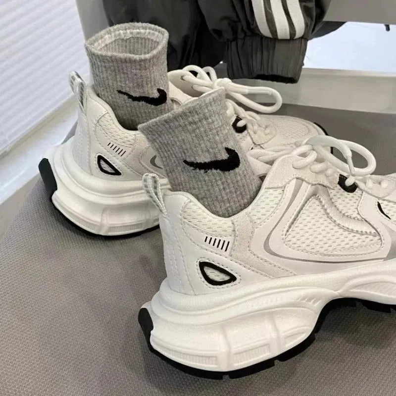 Polar Wave beige mesh platform sports shoes with wedge heel and lace-up front