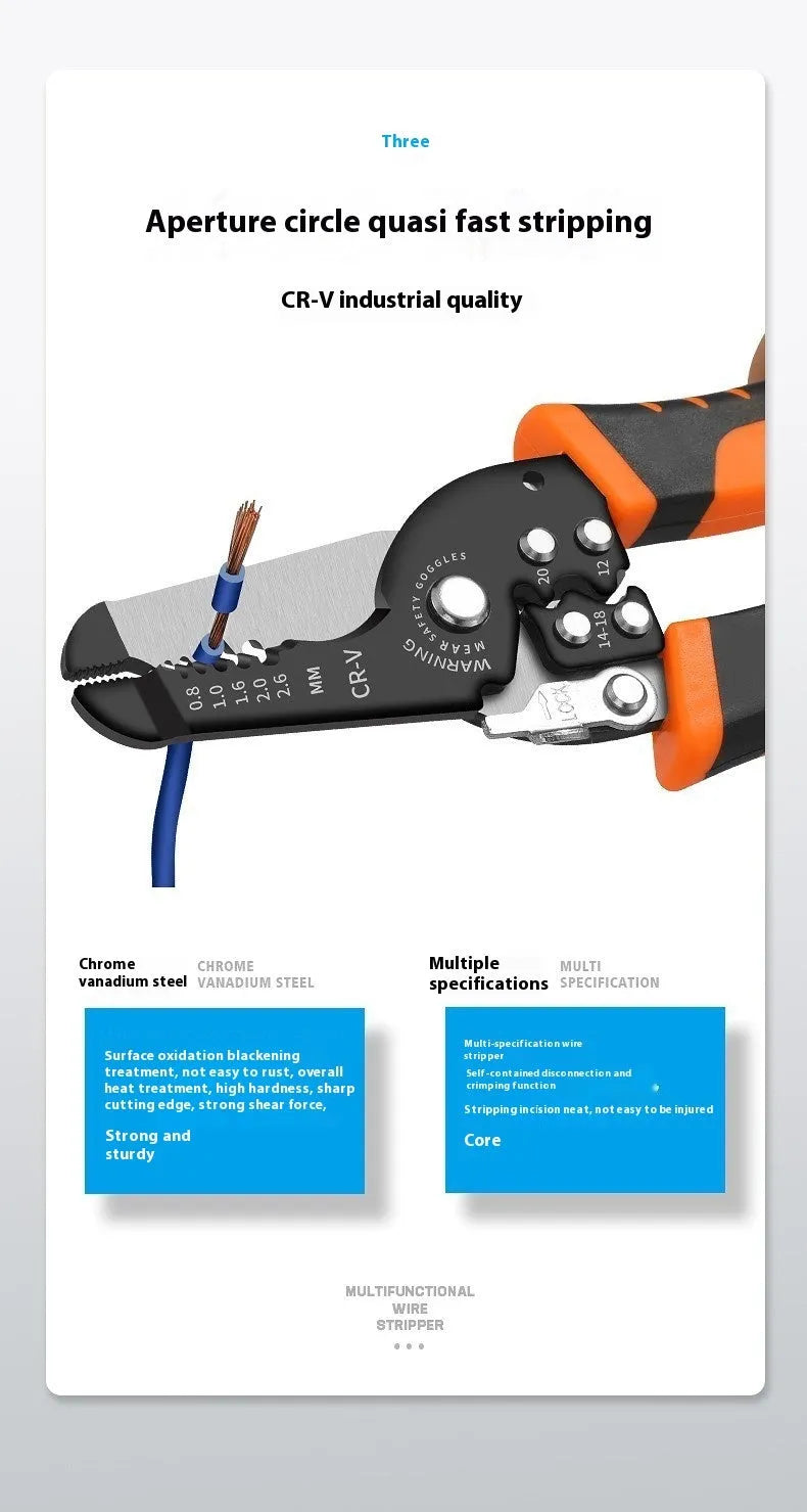 Fully automatic wire stripping pliers tool with high carbon steel blades on a white background.