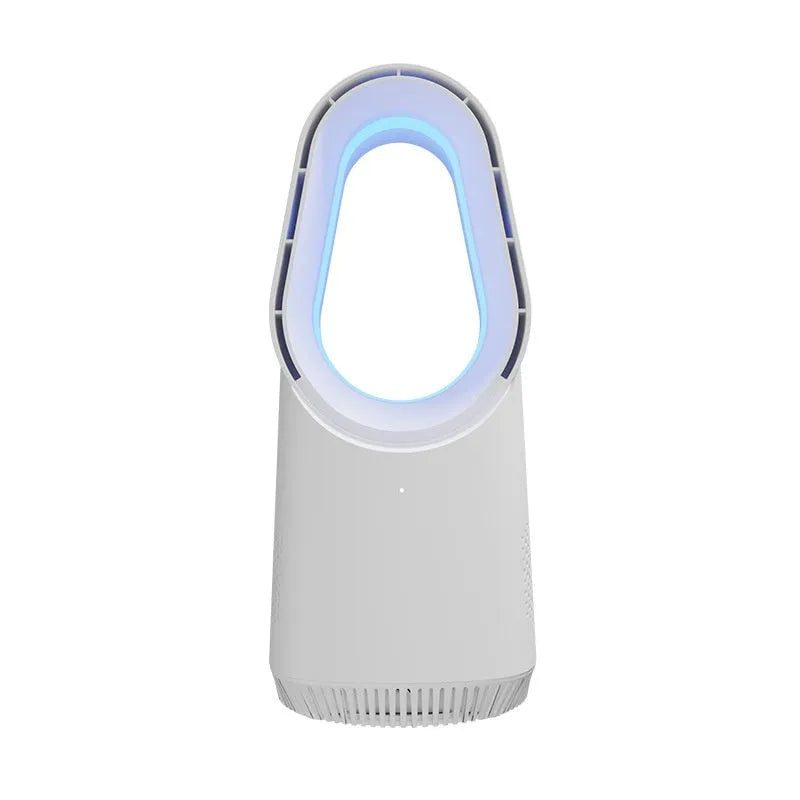 White bladeless tower fan with touch controls and remote on wooden desk