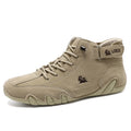 Men's khaki high-top casual shoes with a microfiber upper and a flat rubber sole.