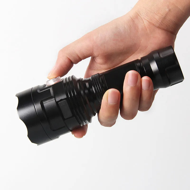 Black aluminium alloy tactical LED torch with six dimming modes and IPX5 waterproof rating