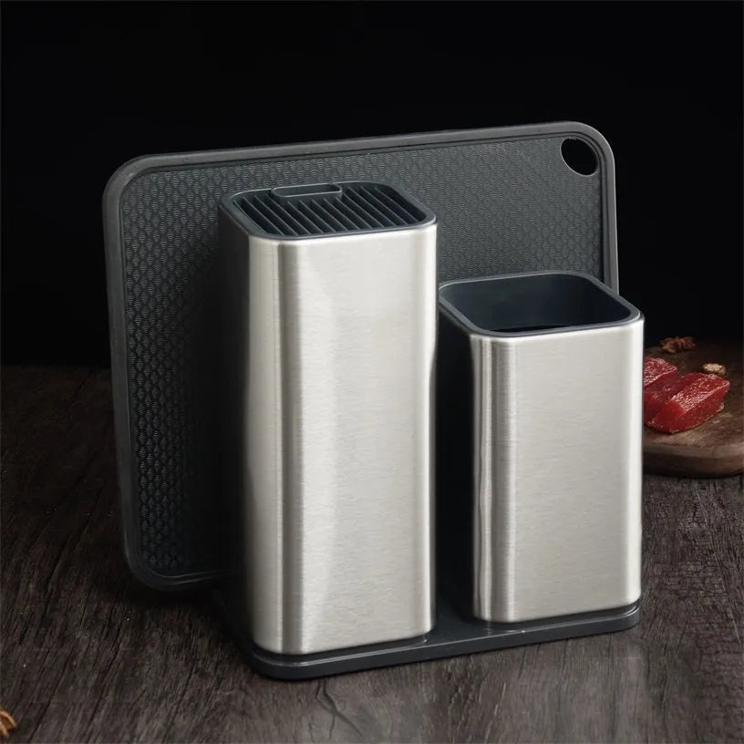 Black and white kitchen knife holder with storage bucket and optional cutting board on a countertop.