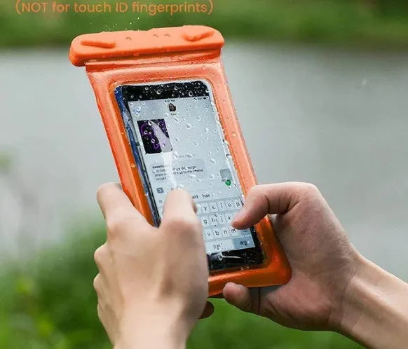 Orange double airbag waterproof phone pouch with a black rope