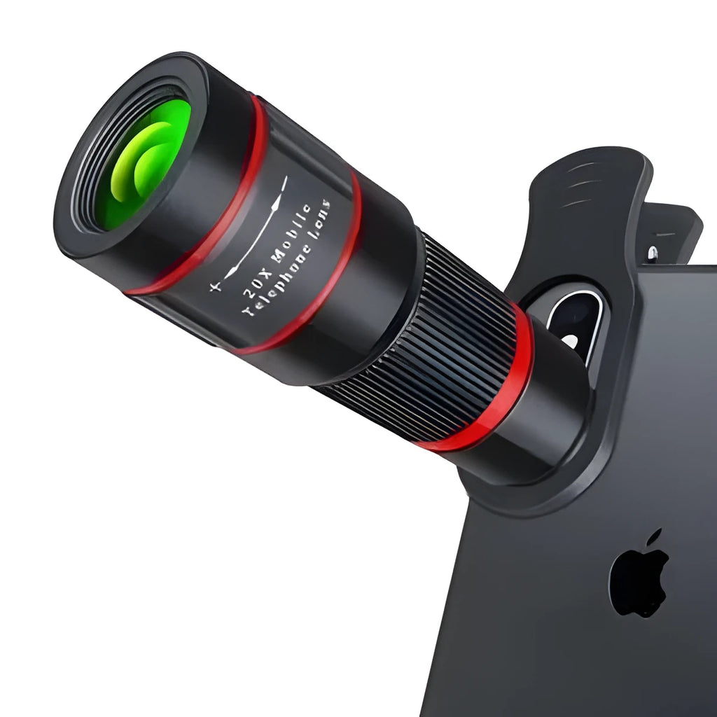 20x magnification smartphone telescope with universal mounting clip and eyepiece mask on a mobile phone.
