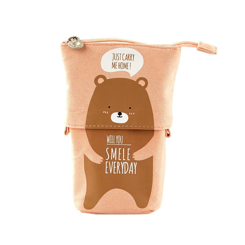 Round Korean-style canvas pencil case with cartoon animal prints measuring 19x7.5x12.5cm
