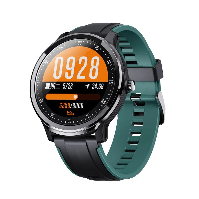 Waterproof smart watch with heart rate monitoring in green or orange colour, showing 48.5mm dimensions