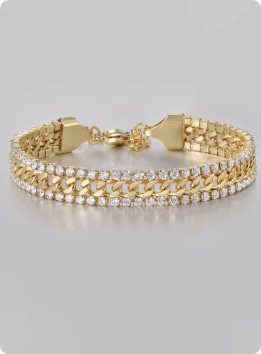 Gold plated titanium steel bracelet with artificial gemstones in unisex European American hip hop style