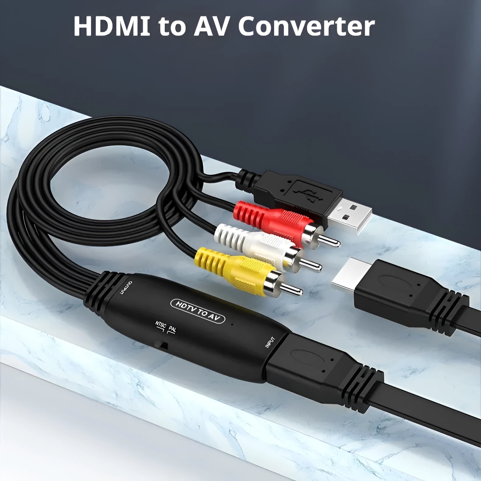 HDMI to AV converter cable with 110cm length and RCA composite video outputs