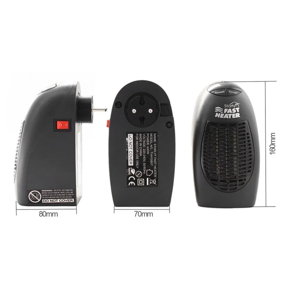 Black compact ceramic electric heater with digital display and a rotating plug on a desk.