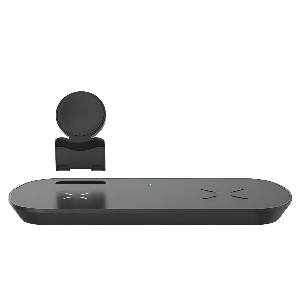 3 in 1 wireless charger in black with Galaxy Watch Active and earbuds placed on charging zones