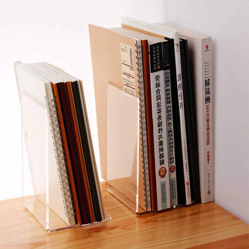 Transparent acrylic bookshelf displaying books on desk with smooth polished edges