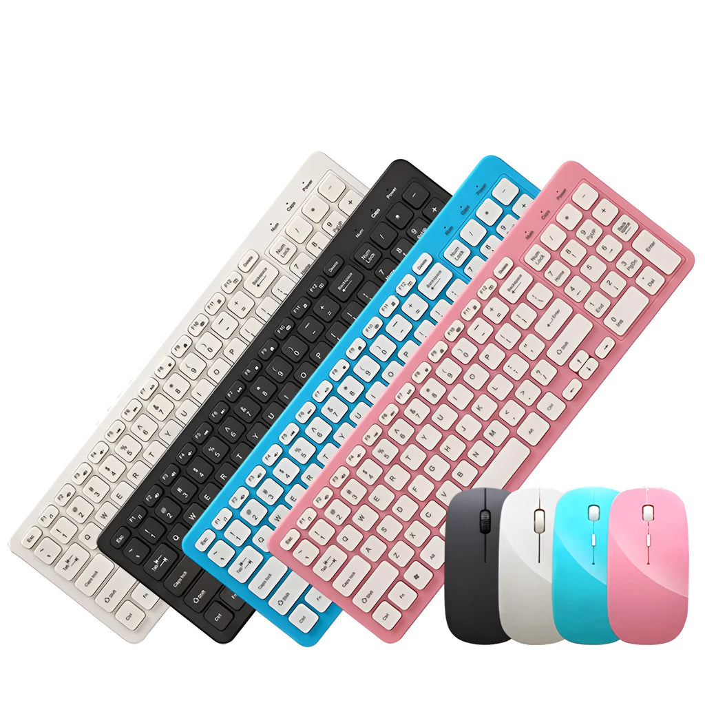 Black wireless keyboard and mouse set with USB receiver on a wooden desk.