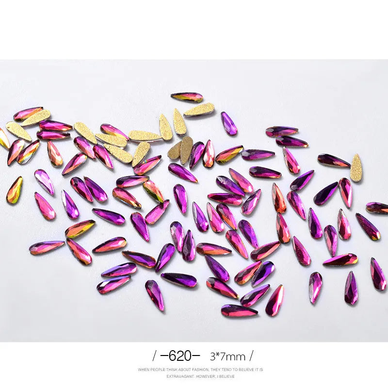 10 acrylic 3D nail art rhinestones in long water drop shape, 7x3mm, glitter finish, eleven colour options