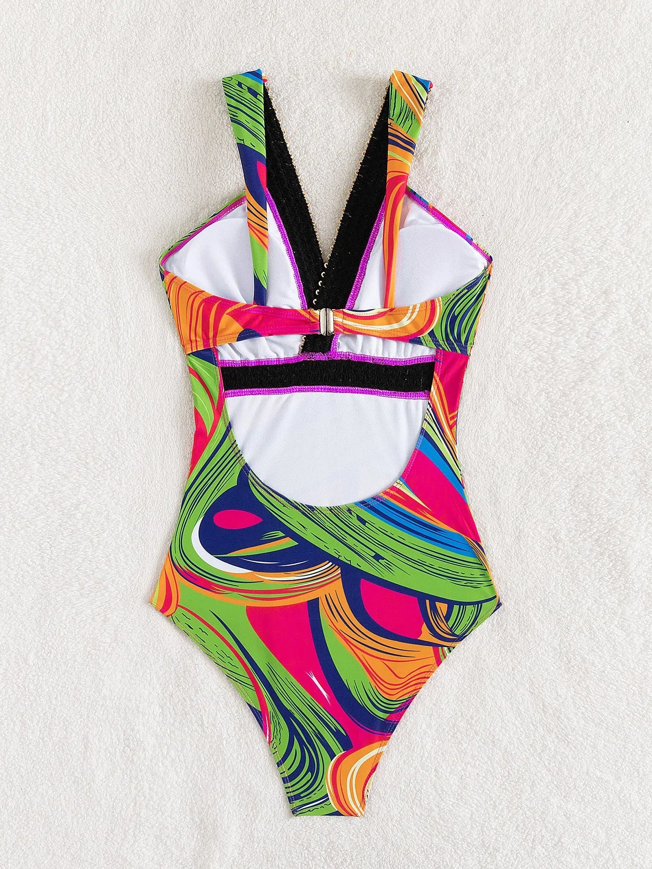 Women's deep V neckline one-piece swimsuit with spaghetti straps in polyester fabric