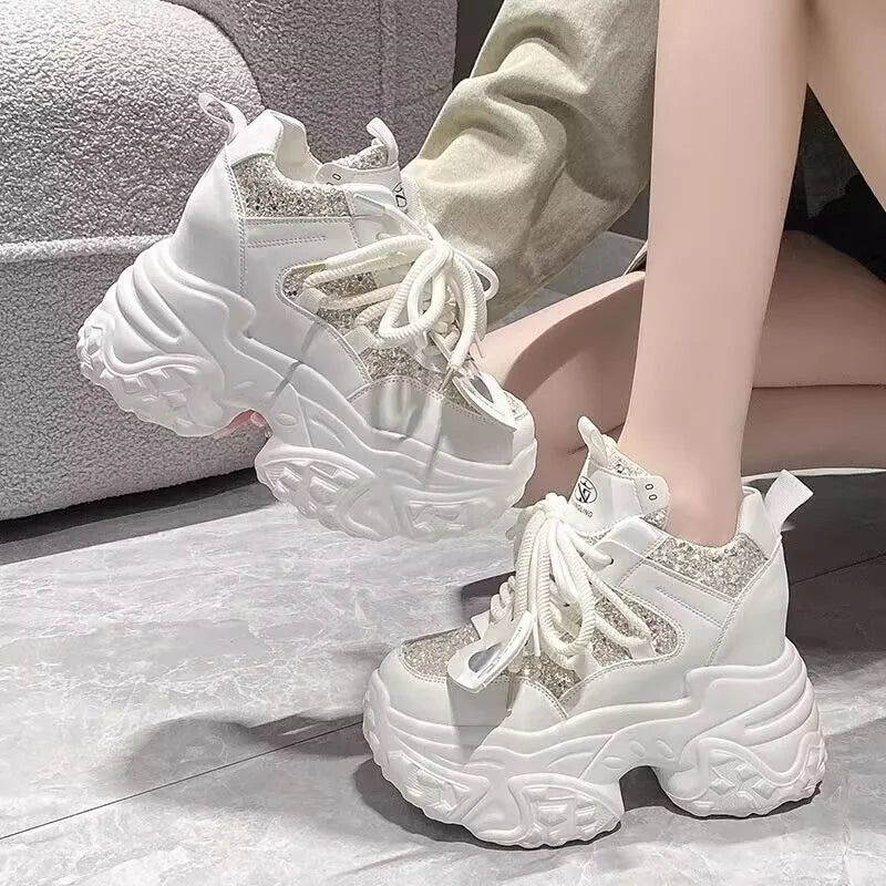 White thick-soled height-increasing sneakers with synthetic leather upper, sequin trim, and rubber sole for daily wear