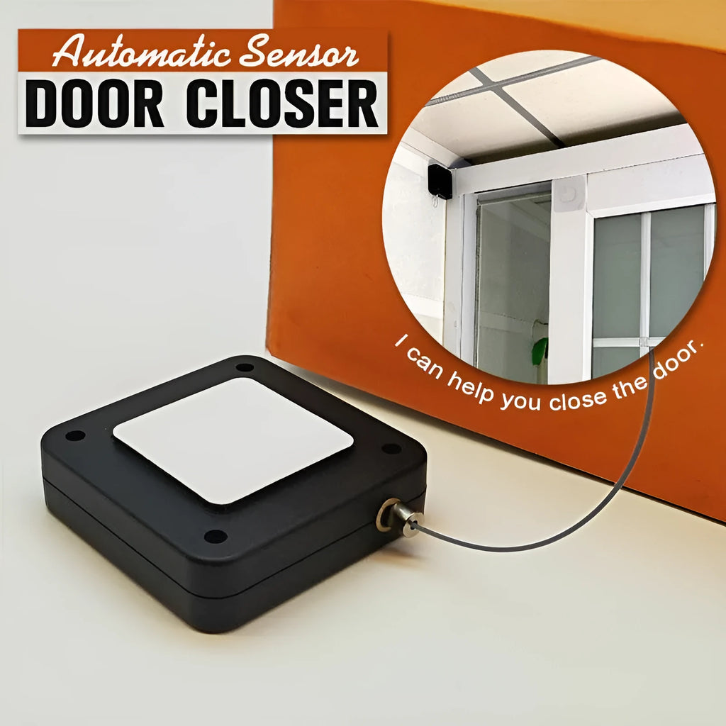 Automatic door closer with adhesive installation for sliding and glass doors in black or white