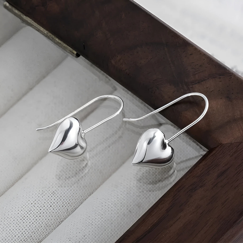 Silver Korean style 3D glossy heart earrings with love motif