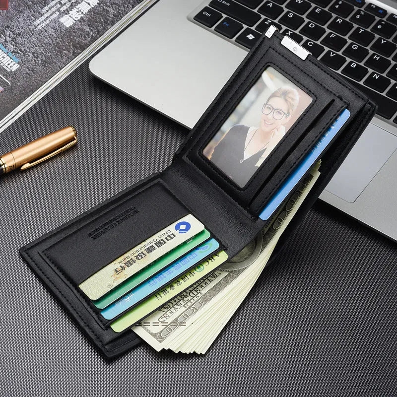 Men's slim PU business money wallet with card slots, 100x120x15mm, black colour