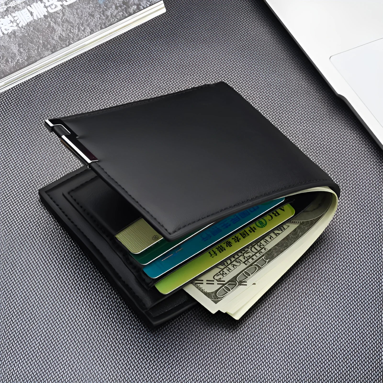 Men's slim PU business money wallet with card slots, 100x120x15mm, black colour