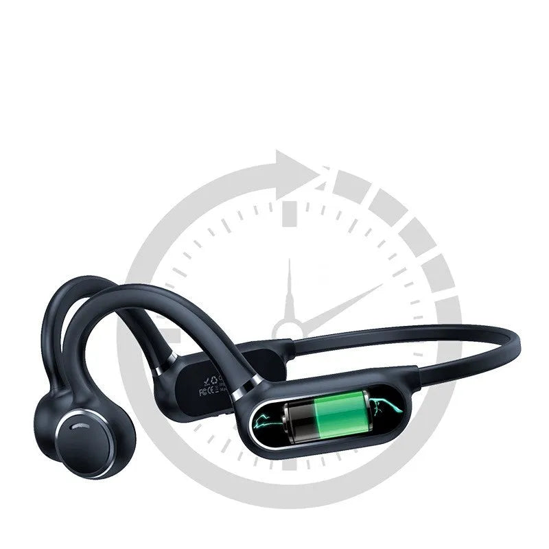 Black air conduction Bluetooth wireless earphones with a titanium alloy hook for over-ear wear.