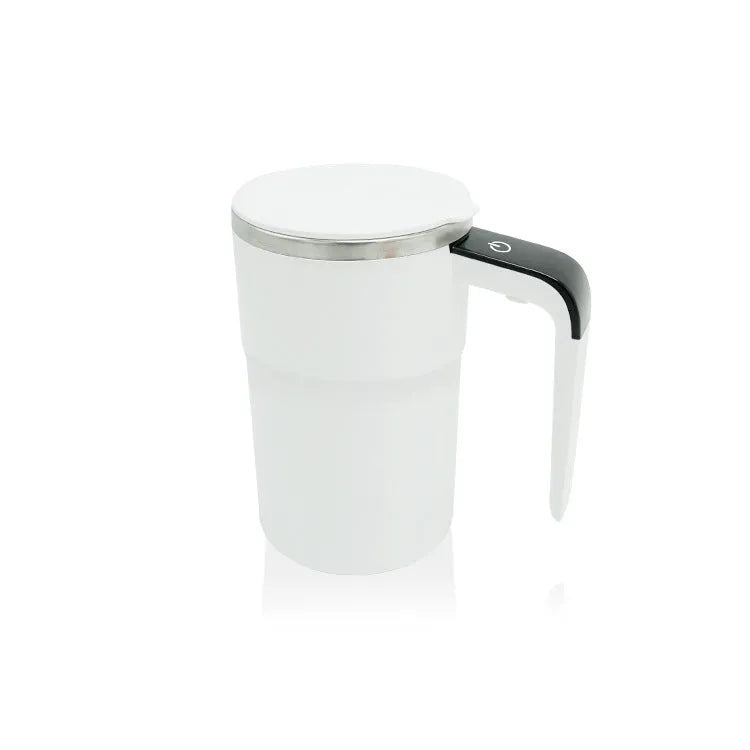 Black automatic stirring electric coffee mug with LCD temperature display and USB charging port
