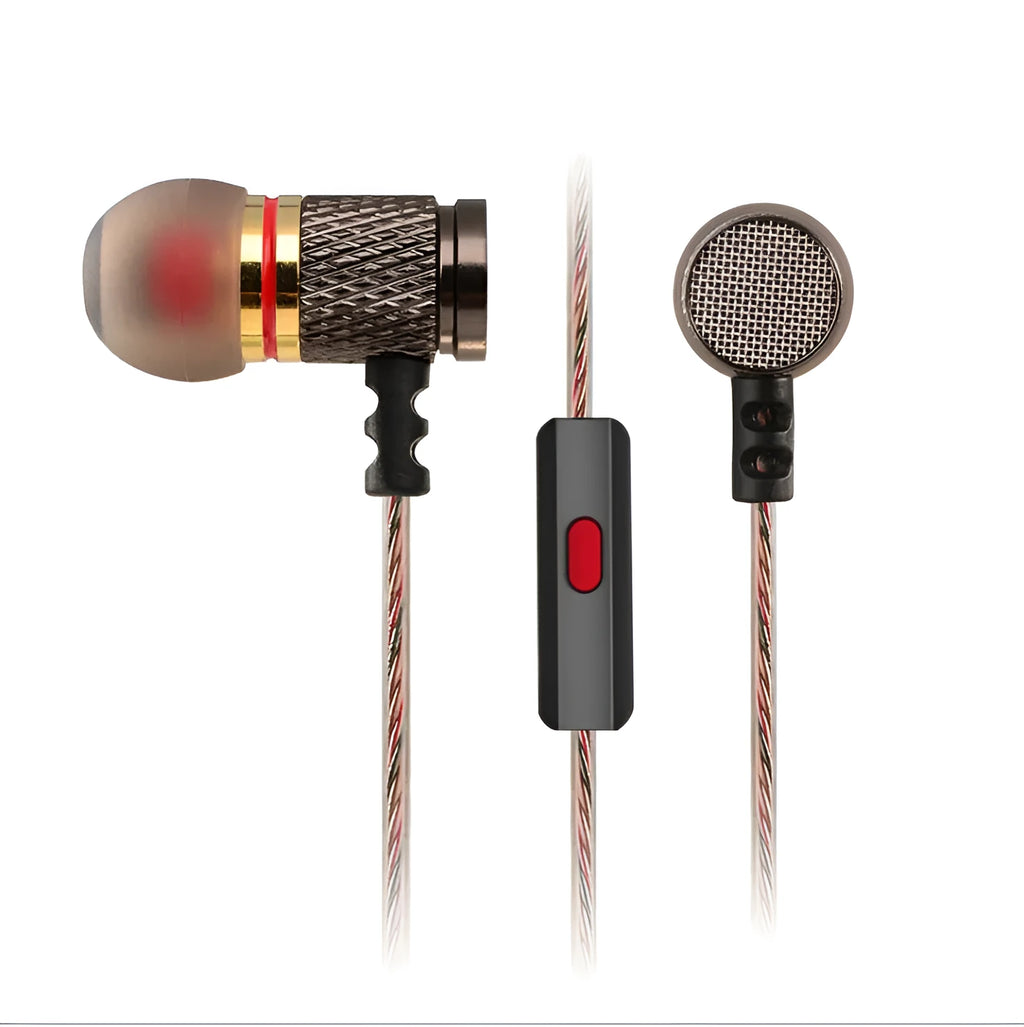 Close-up of wired in-ear headphones with metal earpiece, silicone cable, and 3.5mm L-bend plug.