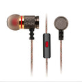Close-up of wired in-ear headphones with metal earpiece, silicone cable, and 3.5mm L-bend plug.
