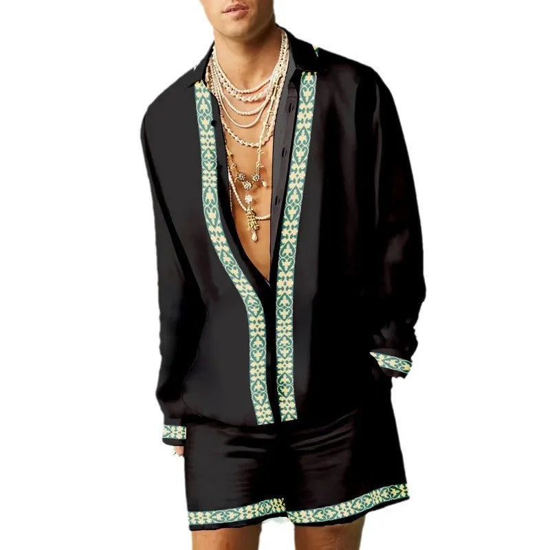 Casual slim-fit long sleeve shirt and matching shorts set for summer, available in various colours.