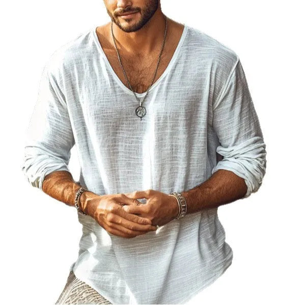 Beige V-neck long-sleeved slim fit top made from hemp blend polyester fabric