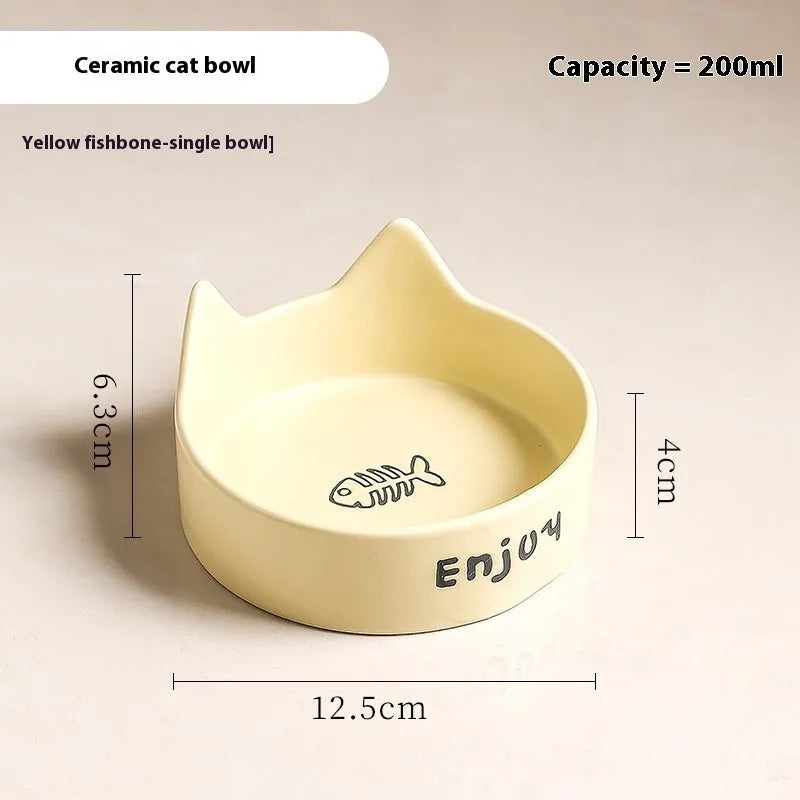 Porcelain cat food and water bowl set with wooden anti-tumble frame in various colours