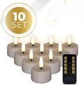 Ten taupe-coloured LED tealight candles with a flickering 3D flame effect, shown from above.