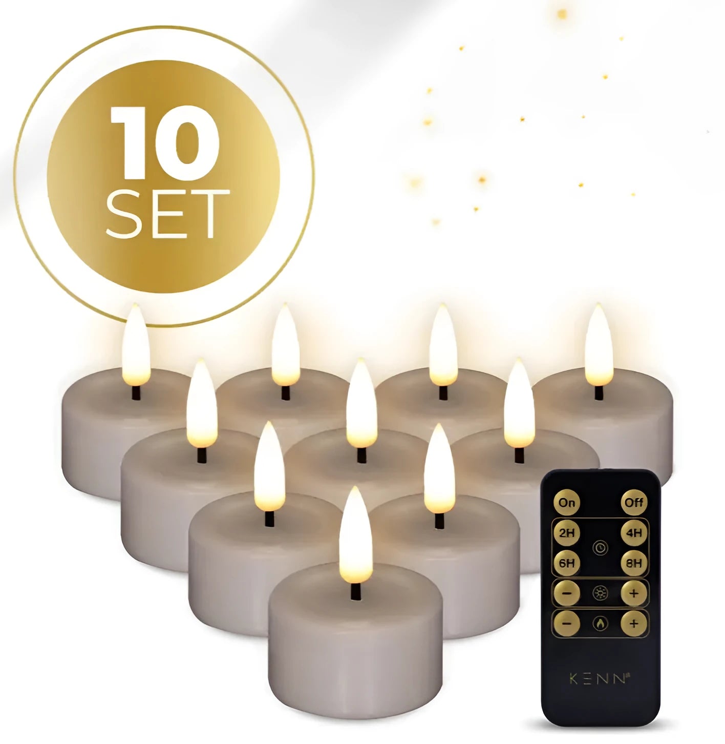 Ten taupe-coloured LED tealight candles with a flickering 3D flame effect, shown from above.